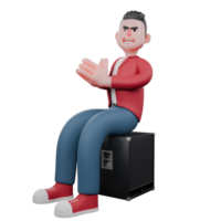 3D Music Character Design. A male singer is sitting on a speaker while putting his palms together. Vocal Performer png
