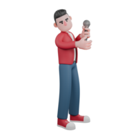 3D Singer Illustrated. A male singer stands holding a microphone in his hand while discussing with others. Music Performer png