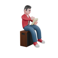 Singing Star 3D Model. A male singer sits on a speaker with lots of notes on a piece of paper while writing with a serious expression. Singing Performer png