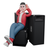 3D Male Vocalist Model. A male singer sits on a speaker, with both hands supporting his head. Music Character png