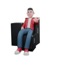 3D Cartoon Singer Model. A male singer is sitting between three rows of speakers while giving a thumbs up. Singing Personality png