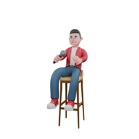 3D Singing Character Model. A male singer is sitting on a bar stool holding a microphone. Entertainment Star png