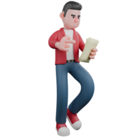 3D Singing Character Model. A male singer walks holding a sheet of paper in his left hand and pointing at the paper with his right hand. Animated Performer png