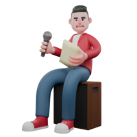 Animated 3D Vocalist Character. A male singer is sitting on a speaker while holding a mic and a lyric book. Music Personality png