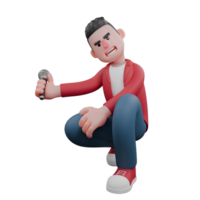 3d personaje de música vocalista. un masculino cantante se agacha mientras participación un micrófono en su izquierda mano. actuación diseño png