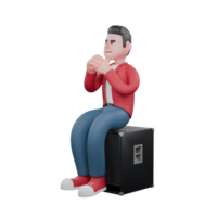 Cartoonish 3D Singer Character.A male singer sits on a speaker with his hands folded in front of his chest as if praying. Vocal Artist png