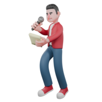 3D Animated Music Character. A male singer is standing while singing holding a mic and reading a lyric book that he is holding. Singing Performer png