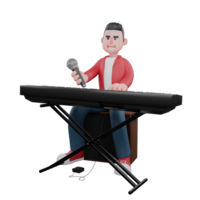 3D Singing Cartoon Character Design. A male singer sits in front of an electric keyboard with a microphone in his hand. Music Artist png