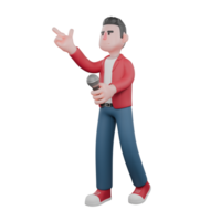 3D Model of Male Singer Character. A male singer is standing while holding a mic and giving a finger gun symbol to the front. Vocal Musician png