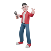 3D Singing Character. A male singer is standing while holding a mic and giving a gun finger symbol towards the front. Cartoon Vocalist png