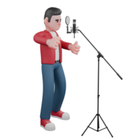 3D Singer Cartoon Character. A male singer is standing and dancing a little in front of a microphone stand while both of his hands are giving a thumbs up. Male Vocalist png