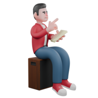 3D Male Singer Performance. A male singer is sitting on a cajon while carrying a lyric book and pointing forward. Cartoon Character png