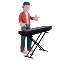 Cartoon 3D Singing Character. A male singer stands behind an organ with his left hand pointing forward and his right hand pointing at the organ. Music Star png