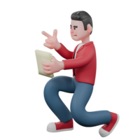 3D Vocalist Character. A male singer is squatting while carrying a lyric book while giving a gun finger symbol. Singing Star Design png