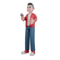 3D Animated Singer. A male singer is standing while holding a mic and extending his hands forward. Male Vocalist png