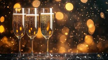 Christmas banner with sparkling champagne in glasses, fir branches and Christmas tree decorations on table with golden bokeh background. Copy space. photo