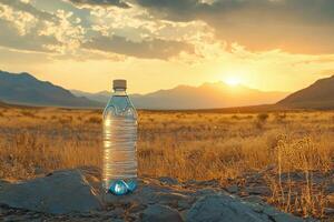 Bottle of clean water in the desert at sunset. Generated by artificial intelligence photo