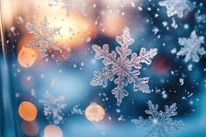Beautiful abstract snowflakes on glass, snow flakes. Christmas or New Year festive winter background design. Generated by artificial intelligence photo