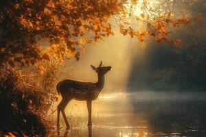 A roe deer in the morning fog of dawn in the forest with river. Generated by artificial intelligence photo