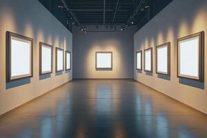 Art gallery interior with empty picture frames on the walls under spotlights. Generated by artificial intelligence photo