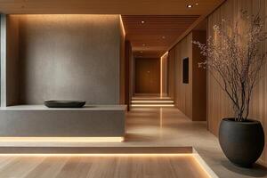 Luxurious interior of a spa salon in a minimalist natural style. Generated by artificial intelligence photo