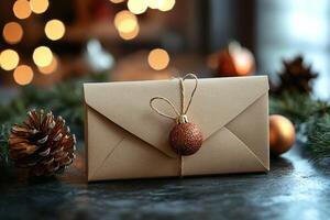 A craft paper envelope on a table with New Year's decorations in the form of a spruce, pine cones and red balls. Generated by artificial intelligence photo