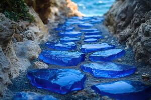 A rocky path with large stones leading to the sea. Generated by artificial intelligence photo
