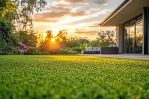 Ground level view of a well maintained and recently cut lawn seen within a large garden just before sunset. Golden light is seen streaming in from a distant hedge in early summer. photo
