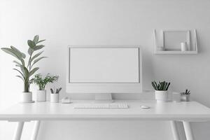 Front view of a modern minimalist room with a white desk and a blank screen monitor. Workspace at home. Generated by artificial intelligence photo