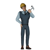 3d modelo do desenho animado arquiteto. uma masculino arquiteto é em pé com dele esquerda mão elevação uma martelo e dele certo mão é em dele cintura. urbano planejamento especialista png