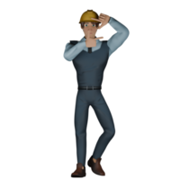 3d masculino construção especialista. uma masculino arquiteto é em pé enquanto medindo a partir de uma distância com ambos dedos formando uma quadrado. ilustrado arquitetura personagem png