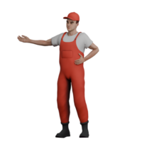 3D Cartoon of Male Mechanic. A male mechanic stands extending his left hand to the side with his palm facing up. Professional png
