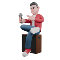 Vocalist Cartoon in 3D. A male singer is sitting on a speaker while pointing at a mic he is holding. Singing Artist png