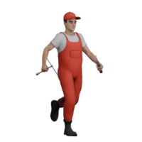 3D Male Mechanic Character in Action. A male mechanic runs carrying a screwdriver and a T-crank in both hands. Professional png