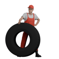 Male Mechanic Illustrated 3D. A male mechanic stands behind a large car tire with his left hand on the tire and his right hand on his waist. Professional Automotive png
