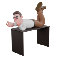 Sociologist in 3D. A male sociologist is lying on a table and stretching his hands as if he is talking or explaining something. Cartoon png
