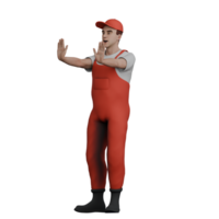 3D Male Mechanic in Action. A male mechanic is standing while waving both palms forward as if giving a prohibition or guiding parking. Professional Automotive png