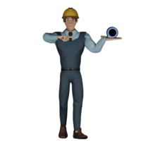 profissional construção Projeto especialista personagem. uma masculino arquiteto é em pé enquanto apontando uma metro lista este ele é carregando. 3d masculino modelo png