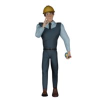 masculino arquiteto dentro modelo prédio. uma masculino arquiteto é em pé enquanto carregando uma metro lista e dando a Está bem dedo símbolo. 3d criativo Projeto cena png