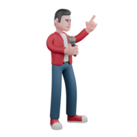 3D Character of a Male Singer. A male singer is standing with his right hand holding a mic and his left hand pointing up. Performance Scene png