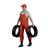 Professional 3D Male Automotive Mechanic. A male mechanic is walking while each of his hands is carrying a car band. Cartoon png