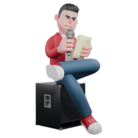 Cartoon Male Singer. A male singer is sitting on a speaker while holding a mic and a lyric book. 3D Music Character png