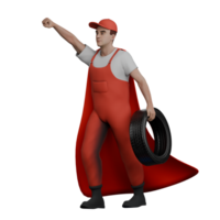 3D Male Automotive Character. A male mechanic is standing while carrying a band and the expression of his hands and body is like a superman wanting to fly. Mechanic Professional png