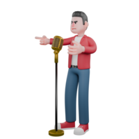 Cartoon Male Vocalist. A male singer is singing in front of a mic stand while pointing to the front. 3D Singer Model png