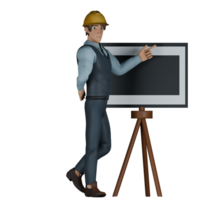 desenho animado ilustrado do uma masculino arquiteto. uma masculino arquiteto é em pé em a certo lado do a quadro branco e dele esquerda mão é apontando às a quadro branco. 3d moderno estilo png