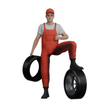 3D Mechanic Male in Professional Setting. A male mechanic is standing while his left foot is stepping on a standing car band while his right hand is holding another car band. Automotive png