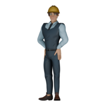 3d desenho animado arquiteto personagem. uma masculino arquiteto é em pé em linha reta com ambos mãos em dele cintura. construção Projeto modelo png