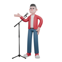Cartoon Musician in 3D. A male singer is standing singing in front of a mic stand with his right palm raised to the right side while his left hand is on his waist. Male Singer Model png