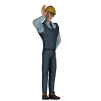 masculino arquiteto 3d modelo. uma masculino arquiteto é em pé enquanto limpando suor derramando baixa dele cabeça com dele certo mão. moderno arquitetura meio Ambiente png