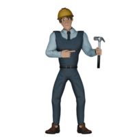 masculino arquiteto desenho animado dentro 3d. uma masculino arquiteto é em pé enquanto apontando às uma martelo este ele é segurando dentro dele esquerda mão. construção projeto ilustrado png